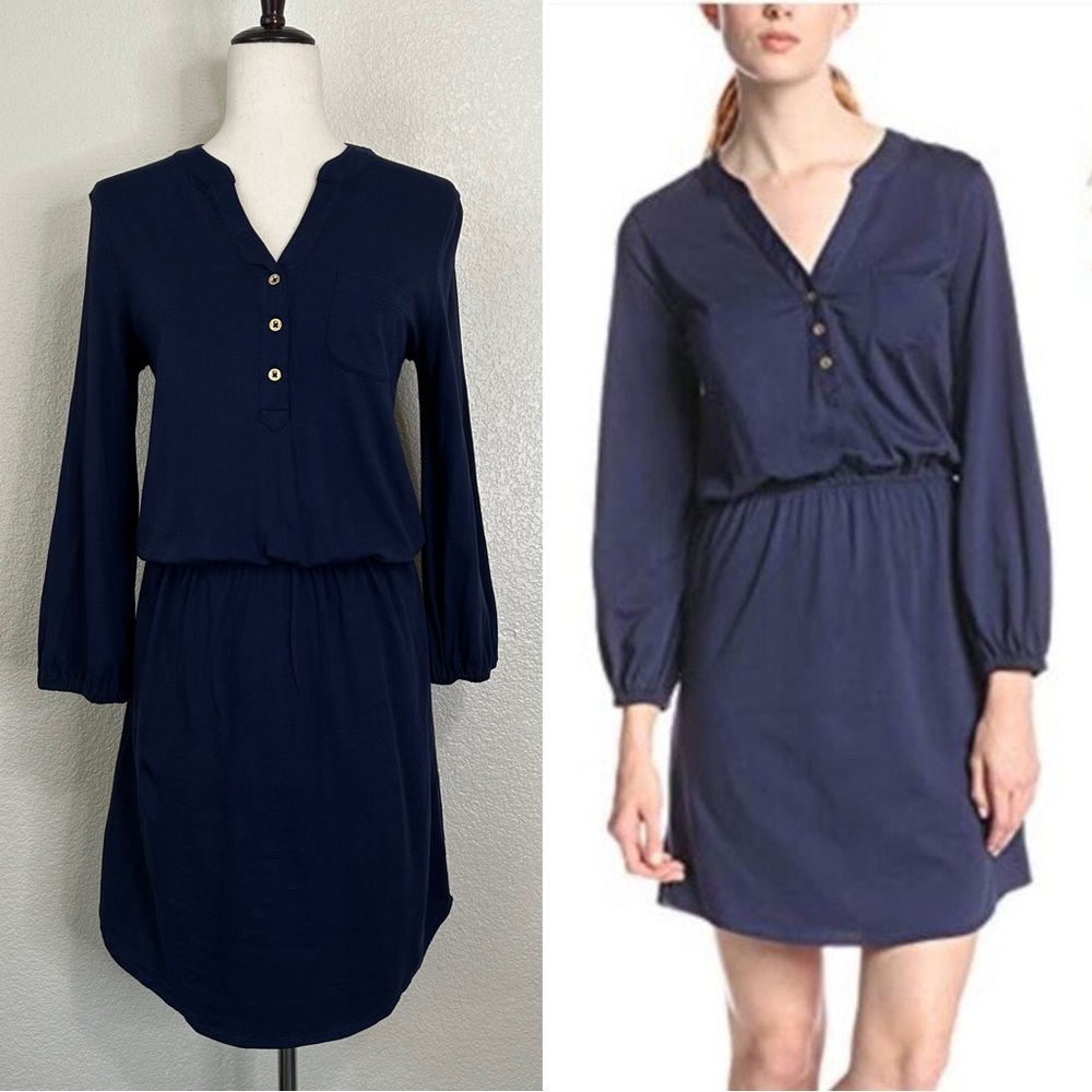Lilly Pulitzer 100% Pima Cotton Navy Blue Long Sleeves Dress, Size XS